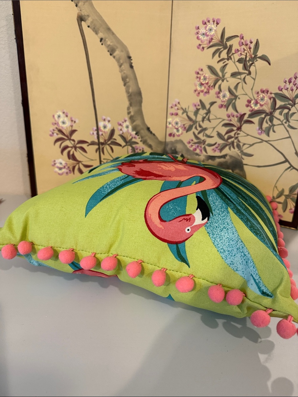 Allen & Roth Tropical Flamingo Throw Pillow Lime Green & Pink Pom 2 Pom 16 x 16 - Picture 5 of 7